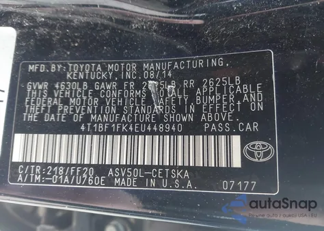 2014 Toyota Camry Se из США, поврежденный, VIN 4T1BF1FK4EU448940